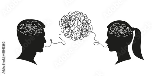 Man and woman dialogue with confused thoughts in their brain. Male and female head silhouettes with convoluted mind and speech. Couple communication, relationship concept. Vector illustration.