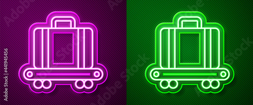 Glowing neon line Airport conveyor belt with passenger luggage, suitcase, bag, baggage icon isolated on purple and green background. Vector