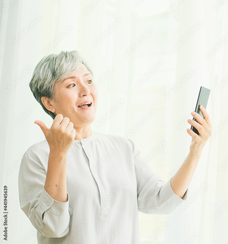Senior asian woman using or talking on her mobile phone. Senior asian woman using or talking on her mobile phone.