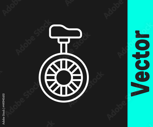White line Unicycle or one wheel bicycle icon isolated on black background. Monowheel bicycle. Vector