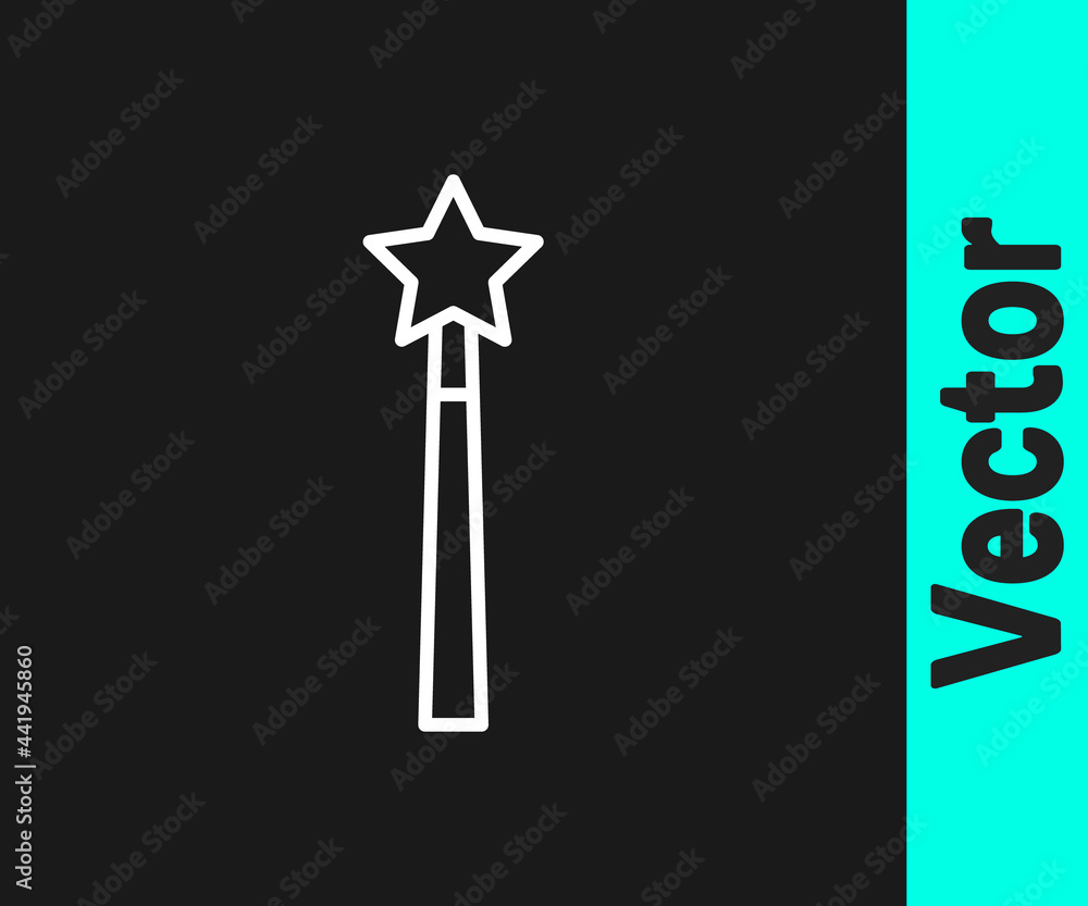 White line Magic wand icon isolated on black background. Star shape magic accessory. Magical power. Vector White line Magic wand icon isolated on black background. Star shape magic accessory. Magical power. Vector