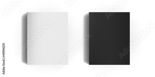 White and black book cover mock up. Clean blank portrait orientation 3d realistic books mockup with shadow. Empty cover template. Vector illustration.