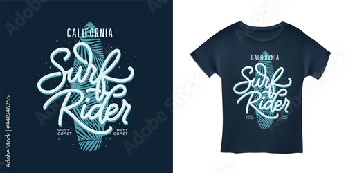 California surf rider lettering poster. Surfing related t-shirt design. Vector vintage illustration.