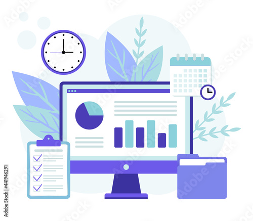 Desktop computer with statistics and data analytics layout.  Data analysis, statistical or financial analytics. Office-style concept. Vector illustration isolated.