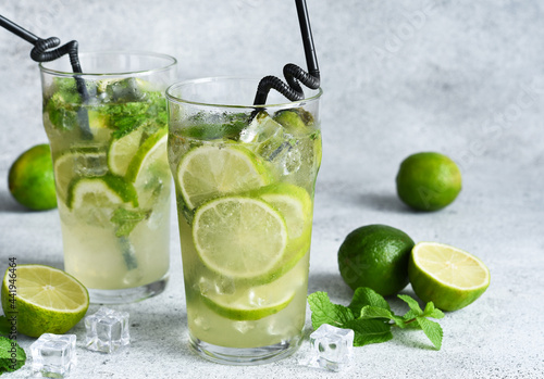 Cold mojito with mint and lime. A classic summer drink with rum.