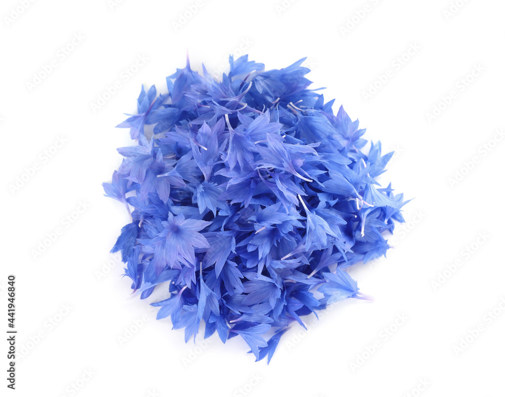 Heap of beautiful cornflower petals isolated on white, top view