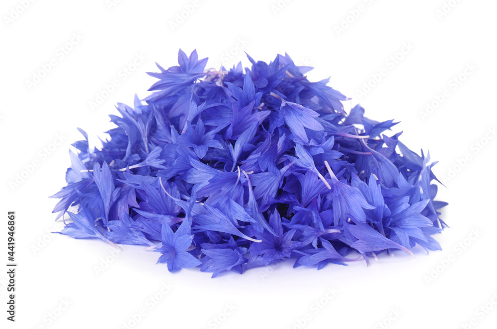 Heap of beautiful cornflower petals isolated on white Heap of beautiful cornflower petals isolated on white