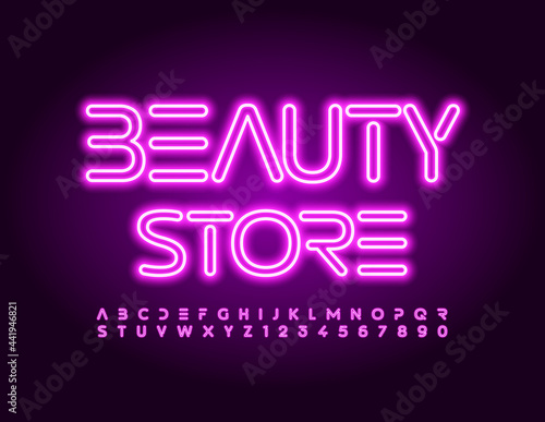 Vector trendy logo Beauty Store. Techno style Font. Glowing Neon Alphabet Letters and Numbers set
