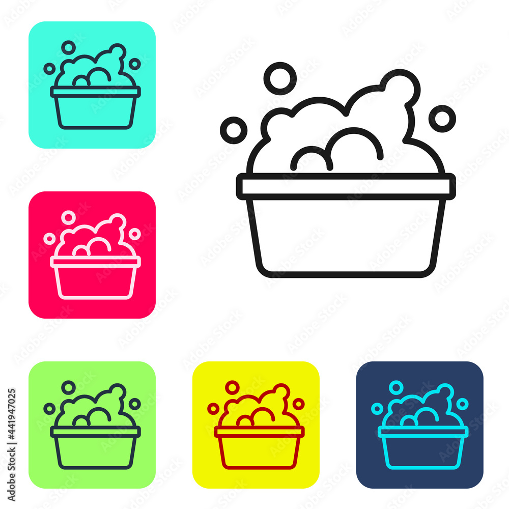 Black line Plastic basin with soap suds icon isolated on white background. Bowl with water. Washing clothes, cleaning equipment. Set icons in color square buttons. Vector Black line Plastic basin with soap suds icon isolated on white background. Bowl with water. Washing clothes, cleaning equipment. Set icons in color square buttons. Vector
