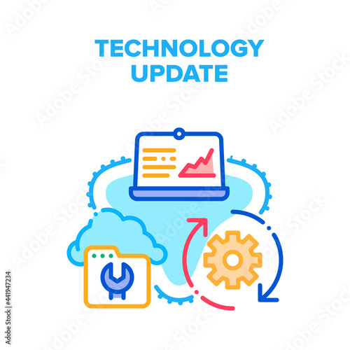 Technology System Update Vector Icon Concept. Laptop Computer And Cloud Technology System Update. Install Program Software Version Updating Process And Digital Upgrade Color Illustration