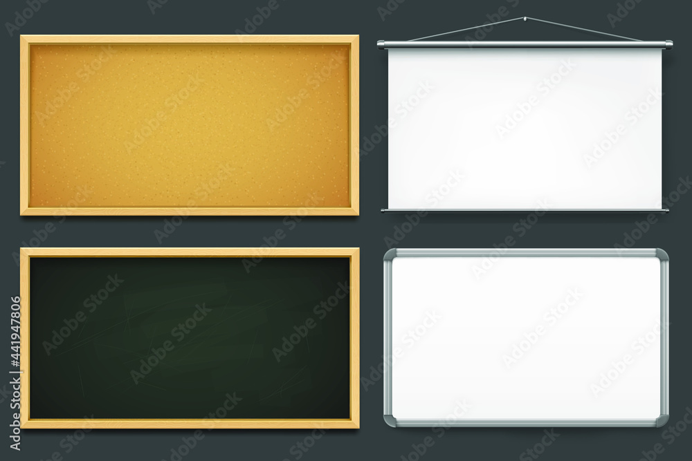 Set of board templates or mockup. Vector realistic blackboard, corkboard, plastic board and projector. Office or school eguipment for learning or presentation. Empty frames or borders. Set of board templates or mockup. Vector realistic blackboard, corkboard, plastic board and projector. Office or school eguipment for learning or presentation. Empty frames or borders.
