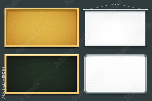 Set of board templates or mockup. Vector realistic blackboard, corkboard, plastic board and projector. Office or school eguipment for learning or presentation. Empty frames or borders.