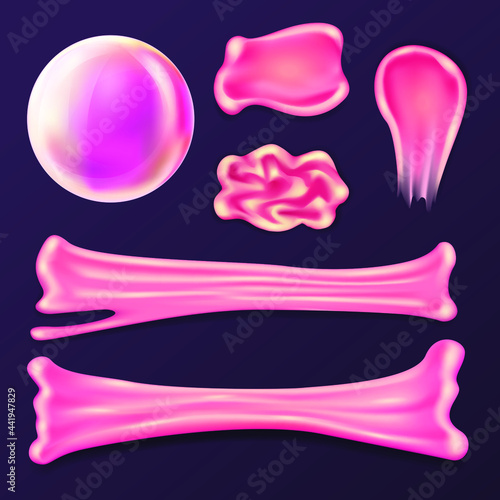 Bubble gum or chewing gum templates set. Vector realistic banners of sticky sweet product or flavor. Big inflated bubble, stretched or chewed gum elements. Stretchy and gummy texture, blank mockup.