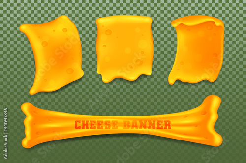 Cheese or curd templates set. Vector realistic banners of sticky milk product, sliced snack. Stretched and melted cheddar cheese elements. Stretchy texture, blank mockup. Natural dairy food.