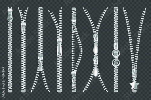 Metal silver zippers or zip fastener set. Vector clasp locker with silver puller and teeth rows, open and closed. Realistic apparel elements, sewing accessory or item. Zip icons.