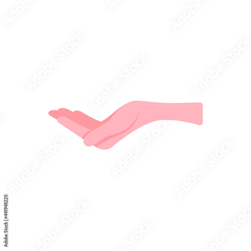 The man's hand holds an open palm up. A gesture to ask for something, alms. Vector illustration, flat cartoon color minimal design, isolated on white background, eps 10.