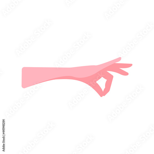 The hand holds the fingers pinch down. Close your index finger and big finger. Hand gesture, pour, pinch, grab, hold. Vector illustration, flat cartoon design, isolated on white background, eps 10.
