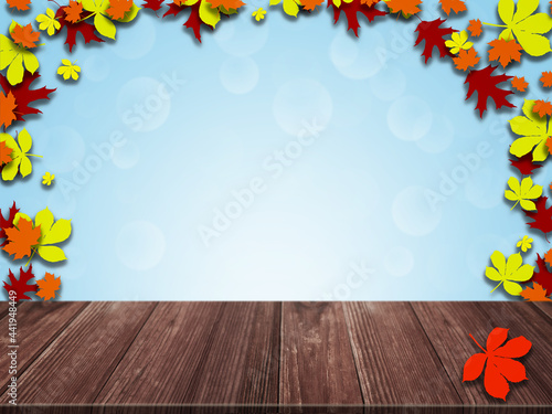 Sales wooden empty table with blue background with bokeh.