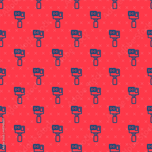 Blue line Action extreme camera icon isolated seamless pattern on red background. Video camera equipment for filming extreme sports. Vector