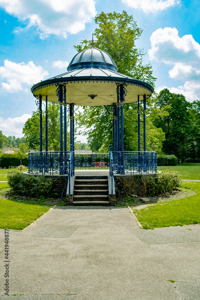Romsey, Hampshire, UK – June 15 2021. The public bandstand located in Romsey War Memorial Park, Hampshire