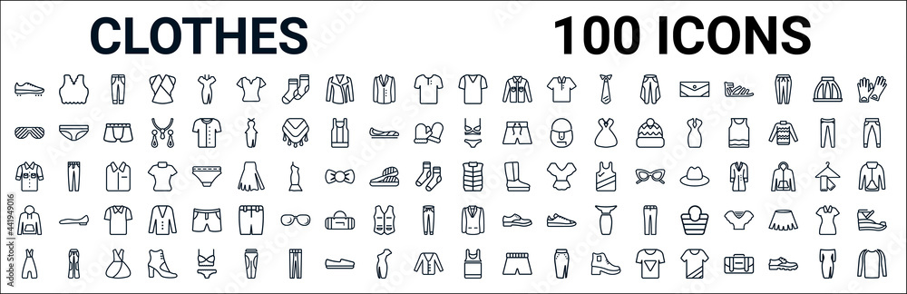 outline set of clothes line icons. linear vector icons such as brassiere,shutter sunglasses,lingerine set,denim shirt,padded vest,sweatshirt,blazer,tank top. vector illustration - obrazy, fototapety, plakaty 