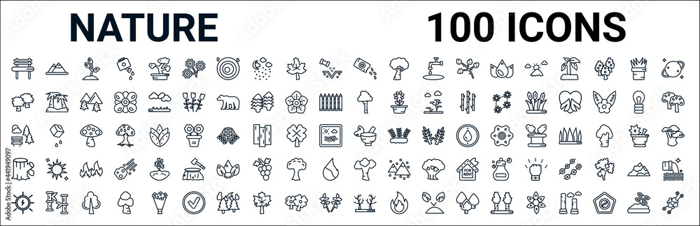 outline set of nature line icons. linear vector icons such as hill,black ash tree,paper birch tree,sunny park,therapy,trunk,american beech tree,leafless tree. vector illustration