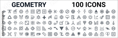 outline set of geometry line icons. linear vector icons such as measure,polygonal martini glass shape,ennegon,explode,quick selection,copy,polygonal diamond shape of small triangles,polygonal letter