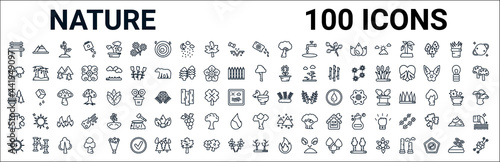 outline set of nature line icons. linear vector icons such as hill,black ash tree,paper birch tree,sunny park,therapy,trunk,american beech tree,leafless tree. vector illustration