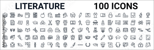 outline set of literature line icons. linear vector icons such as books,watch,soccer,long john silver,theater,romeo and juliet,thesis,flute. vector illustration