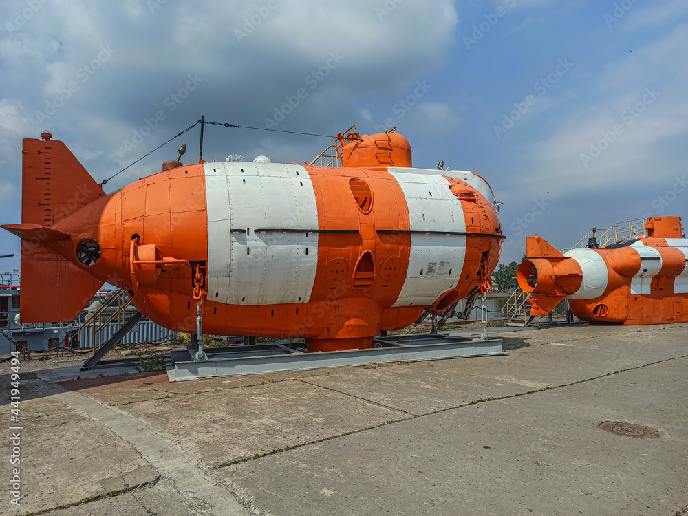 deep-sea underwater rescue vehicle, white orange deep-sea underwater rescue vehicle, white orange