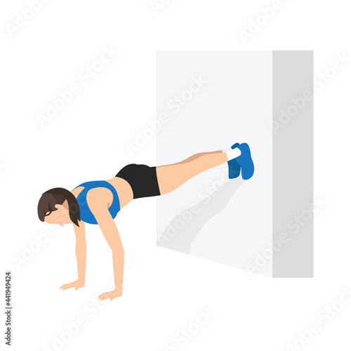 Woman doing Wall push ups exercise. Flat vector illustration isolated on white background 