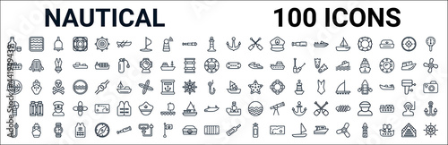 outline set of nautical line icons. linear vector icons such as salt water,oil tanker ship,rescue tube,radar detection,caravel,port and starboard,pirate ship,message in a bottle. vector illustration
