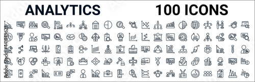 outline set of analytics line icons. linear vector icons such as binary data search,hierarchy,speech,charts,paper shder,analysis,variety,data analysis pie chart. vector illustration photo