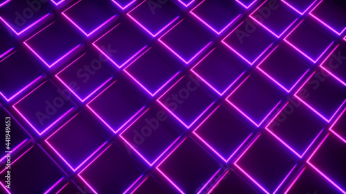3d rendering background of neon cubes forming a grid. Computer generated abstract frame.