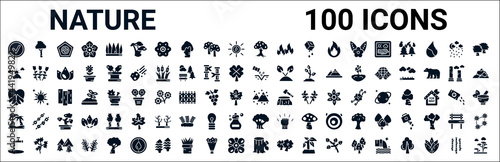 set of 100 glyph nature web icons. filled icons such as paper birch tree,sunset fuji mountain,sow,love nature,mountains and falling snowflakes,palm islands,the oaks tree,trunk. vector illustration