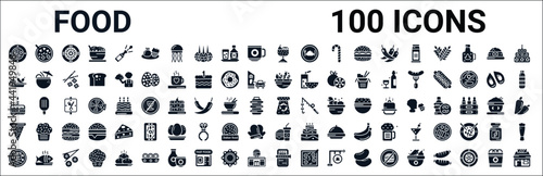 set of 100 glyph food web icons. filled icons such as luosifen,spicy food,healthy food,celebration cake,fodder,triangular pizza slice,hamburger and drink,sardines. vector illustration