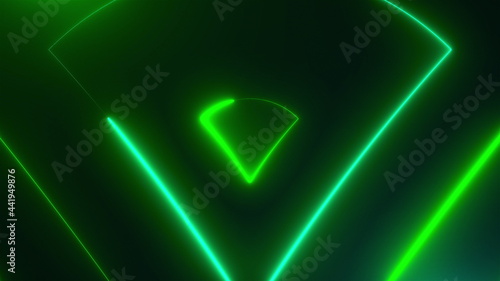 Many neon triangles in space, abstract computer generated backdrop, 3D rendering backdround