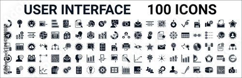 set of 100 glyph user interface web icons. filled icons such as search shot interface with a magnifier tool,flying origami airplane,connected users in flow chart,data analytics content,print filled