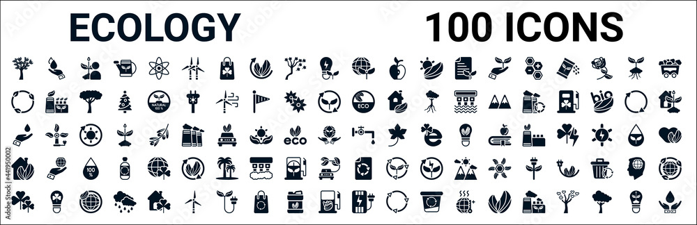 set of 100 glyph ecology web icons. filled icons such as raindrop on a hand,recycling,natural product,drop,water tap,ecological house,recycled paper,electric station. vector illustration