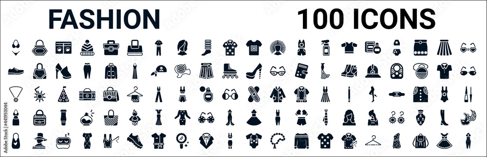 set of 100 glyph fashion web icons. filled icons such as fashionable hand bag,shoe side view,heel,accessory,bandages,sexy feminine dress in black,cloth,onesie. vector illustration - obrazy, fototapety, plakaty 