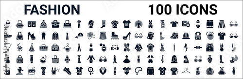 set of 100 glyph fashion web icons. filled icons such as fashionable hand bag,shoe side view,heel,accessory,bandages,sexy feminine dress in black,cloth,onesie. vector illustration