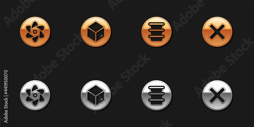 Set Test tube and flask, Carton cardboard box, Bowl and X Mark, Cross in circle icon. Vector