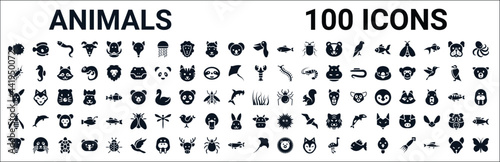 set of 100 glyph animals web icons. filled icons such as flounder,silverfish,lobster,kangaroo,seaweed,wasp,cow,manta ray. vector illustration