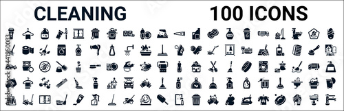 set of 100 glyph cleaning web icons. filled icons such as hanger cleanin,leaves,iron cleanin,clean car,cream cleanin,wipe,wiping sprayer,glass cleaning. vector illustration