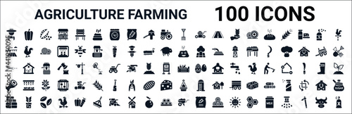 set of 100 glyph agriculture farming web icons. filled icons such as capsicum,farm field,poo,shears,farm products,meat,hanging pot,barrow. vector illustration