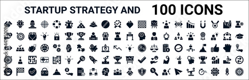 set of 100 glyph startup strategy and web icons. filled icons such as first,commission,finish line,vision,idea,target,strategy sketch,partnership. vector illustration