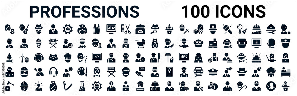 set of 100 glyph professions web icons. filled icons such as musician,lawyer,stewardess,plumber,cricket player,programmer,orthodontist,dj. vector illustration