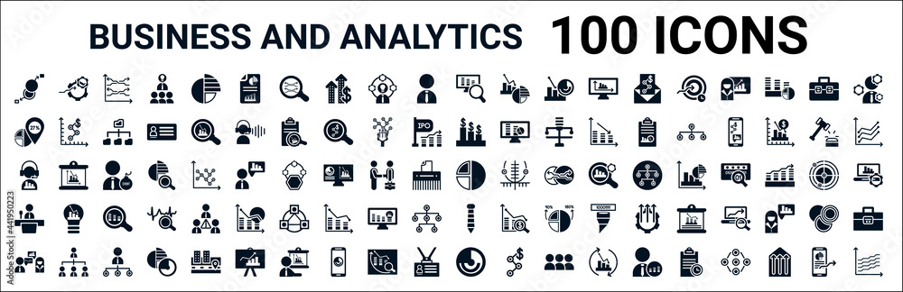 set of 100 glyph business and analytics web icons. filled icons such as setting flow interface,percentage,revenue,service,graph pie,conference,tie,circular chart. vector illustration