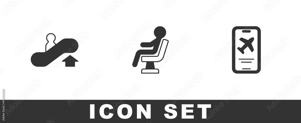 Set Escalator up, Human waiting in airport terminal and Mobile with ticket icon. Vector Set Escalator up, Human waiting in airport terminal and Mobile with ticket icon. Vector
