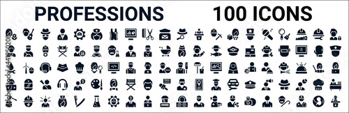 set of 100 glyph professions web icons. filled icons such as musician,lawyer,stewardess,plumber,cricket player,programmer,orthodontist,dj. vector illustration photo